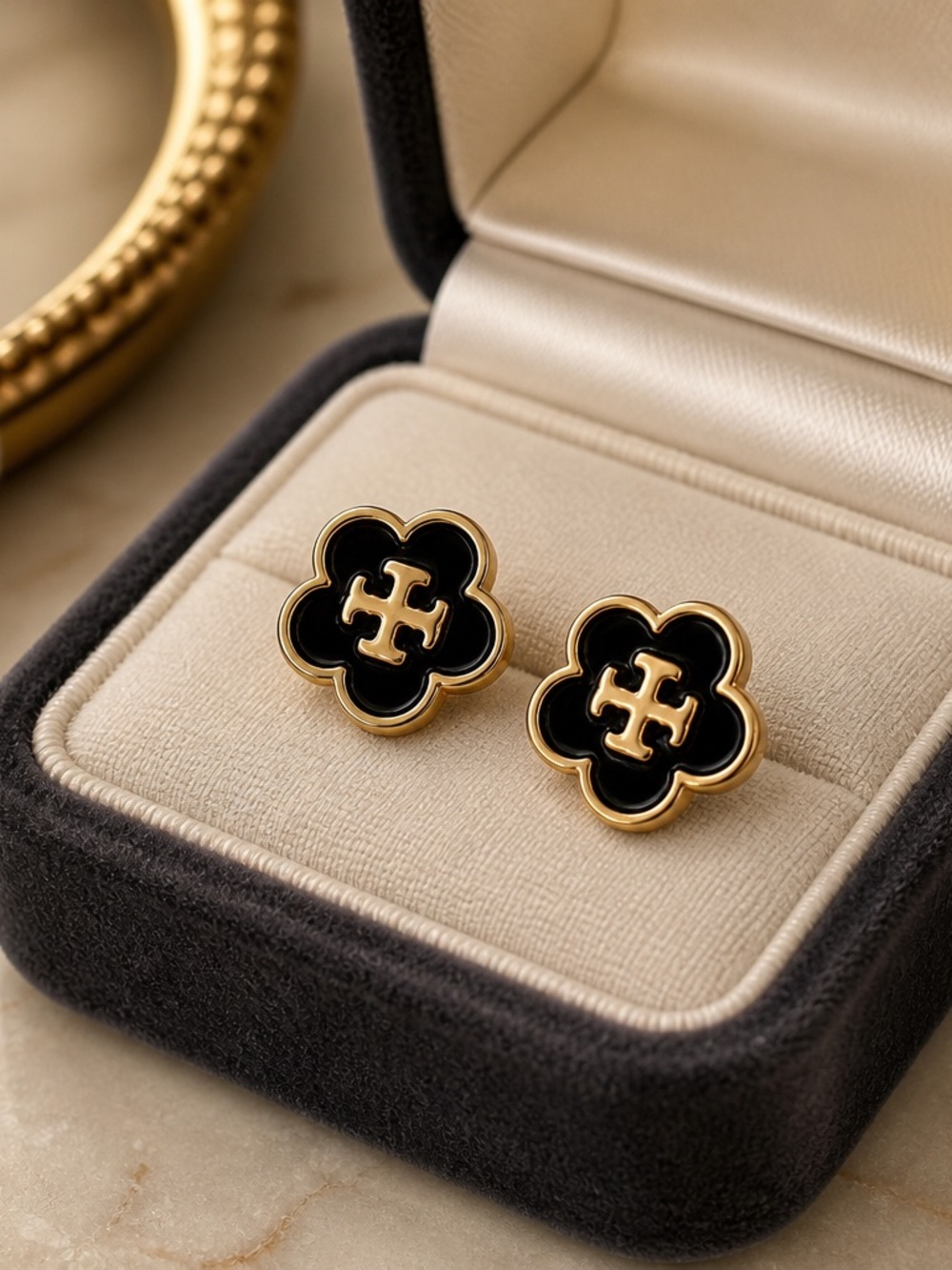 Tory Burch Black and Gold Clover Logo Stud Earrings- New!